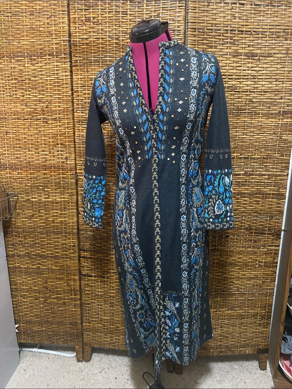 EUC W Brand made in India Dark blue gold sequin sweater dress 6